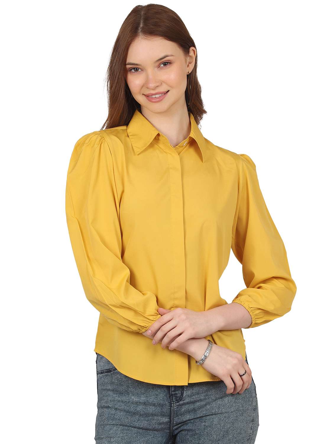 women solid collared puff sleeve shirt - 22061356 - Zoom Image - 0