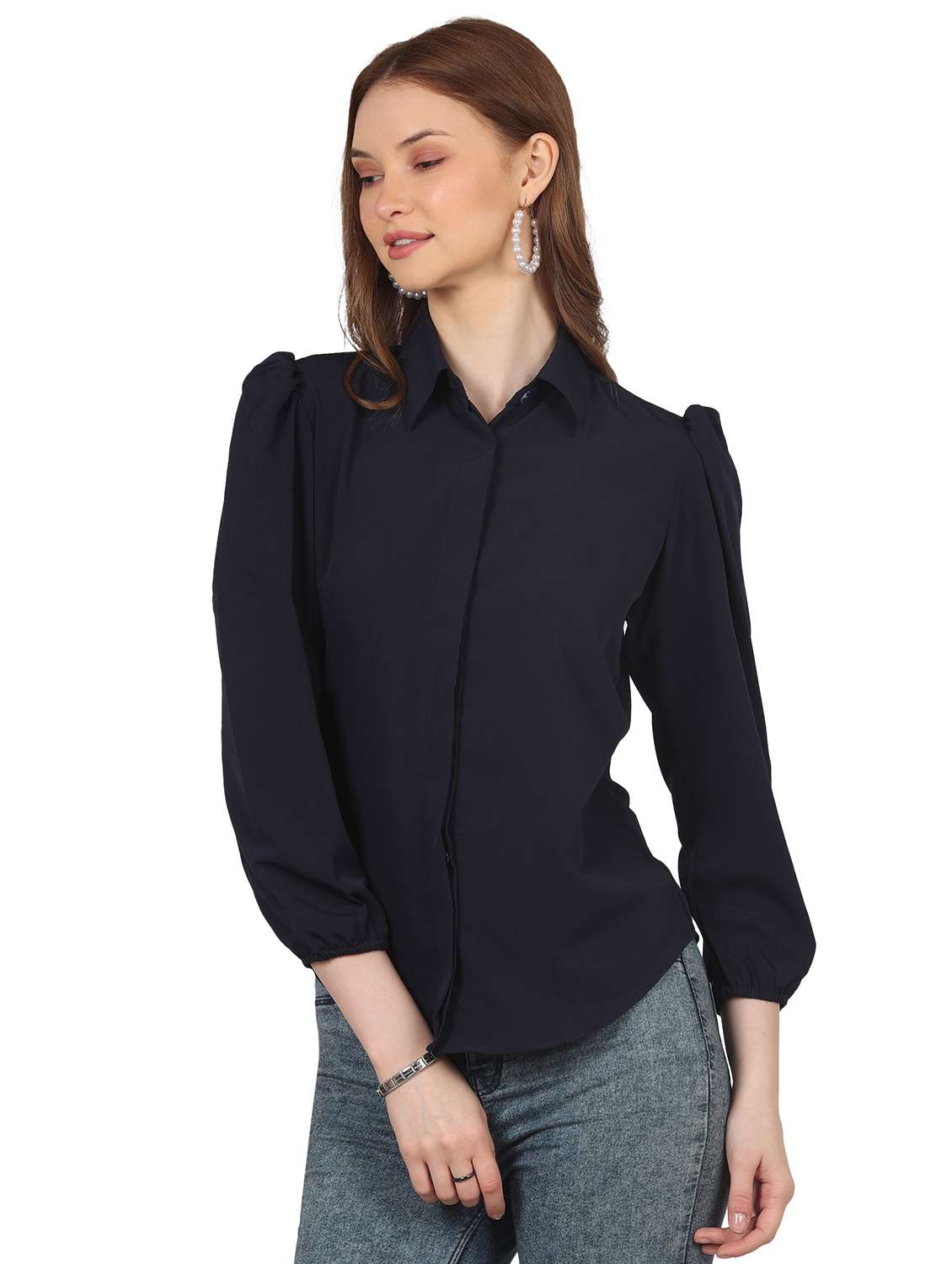 women solid collared puff sleeve shirt
