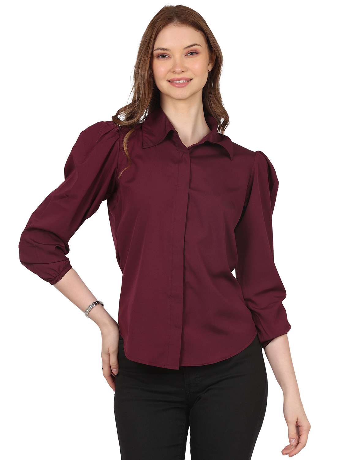 women solid collared puff sleeve shirt