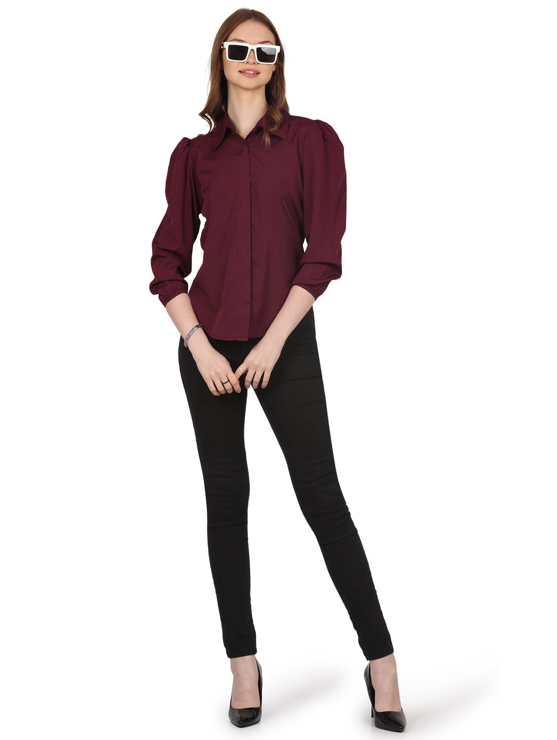 women solid collared puff sleeve shirt - 22061358 - Standard Image - 5