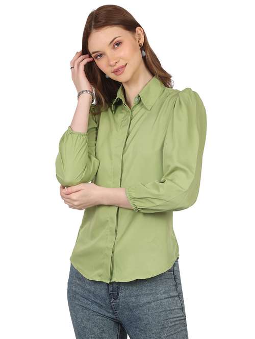 women solid collared puff sleeve shirt - 22061359 - Standard Image - 0
