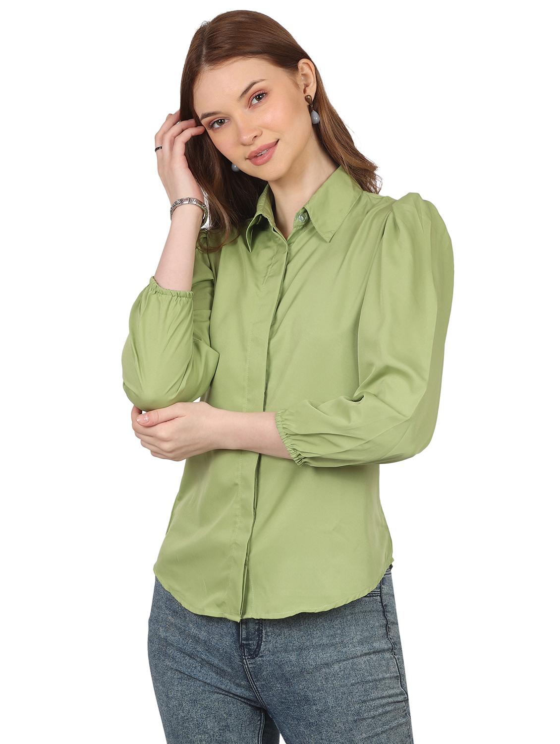 women solid collared puff sleeve shirt
