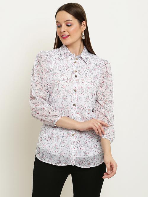 women printed collared puff sleeve shirt - 22061360 - Standard Image - 0