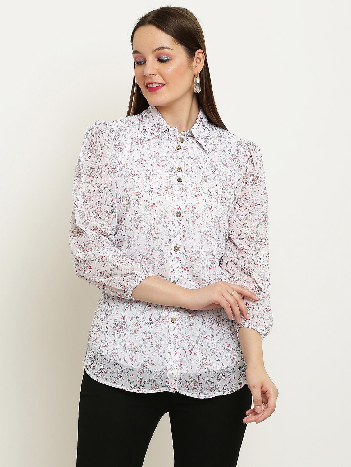 women printed collared puff sleeve shirt - 22061360 - Zoom Image - 0