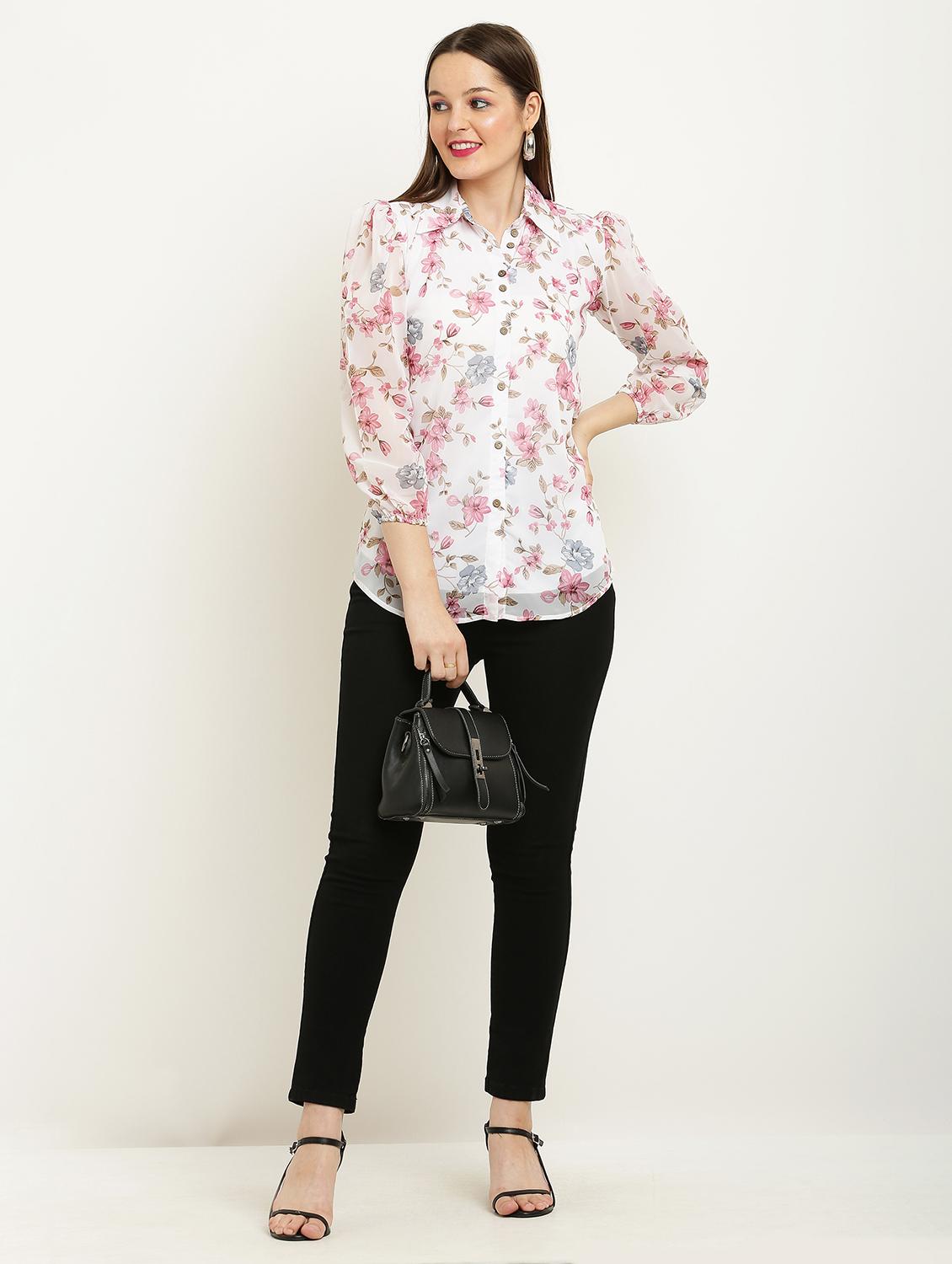 women printed collared puff sleeve shirt - 22061361 - Standard Image - 3