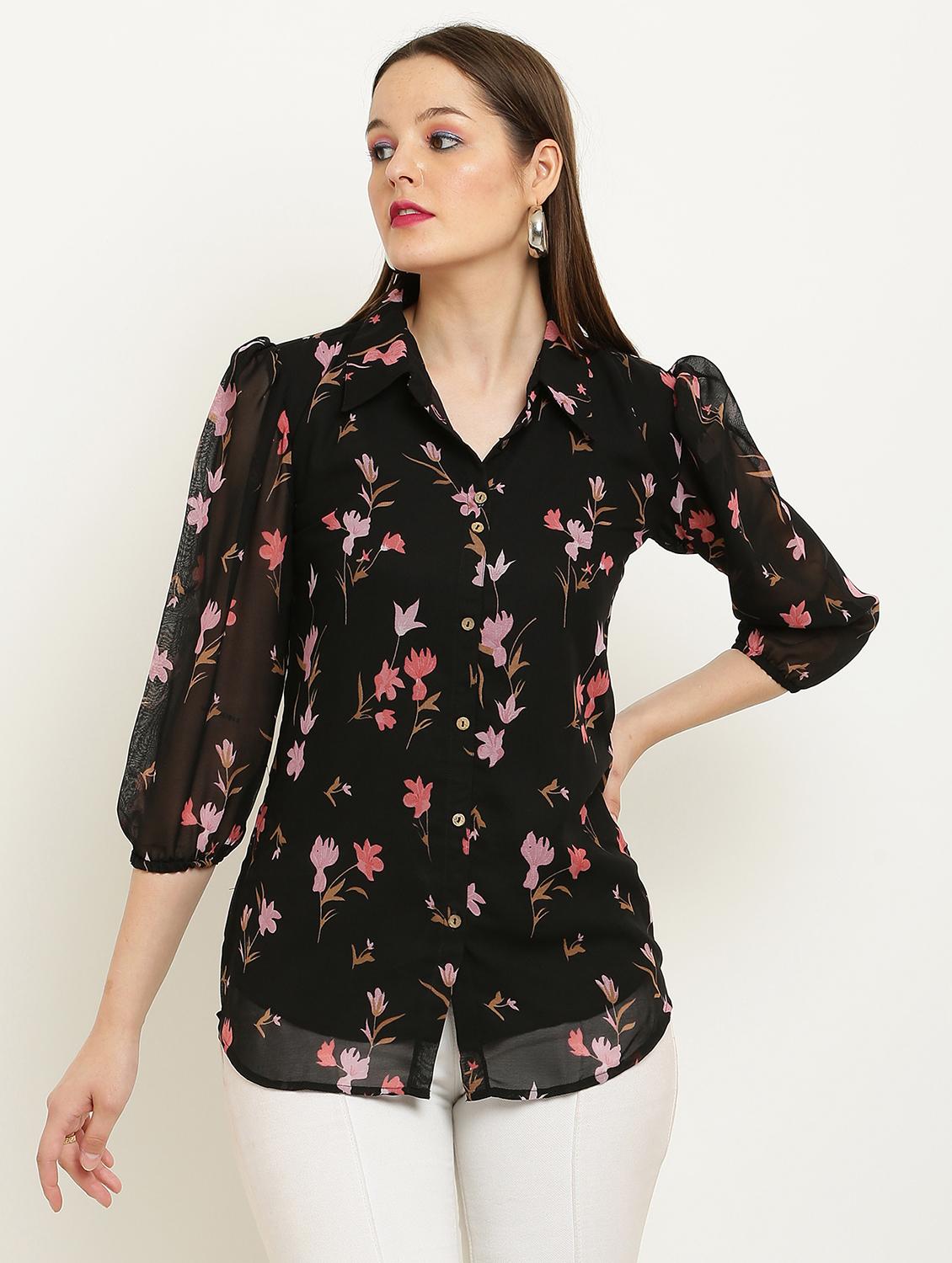women printed collared puff sleeve shirt - 22061362 - Zoom Image - 0