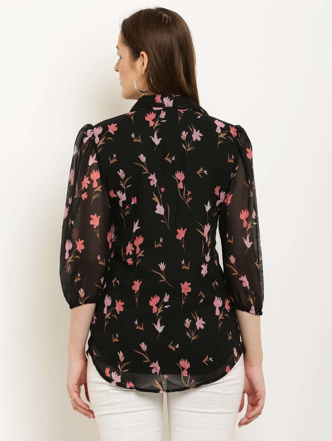 women printed collared puff sleeve shirt - 22061362 - Standard Image - 3