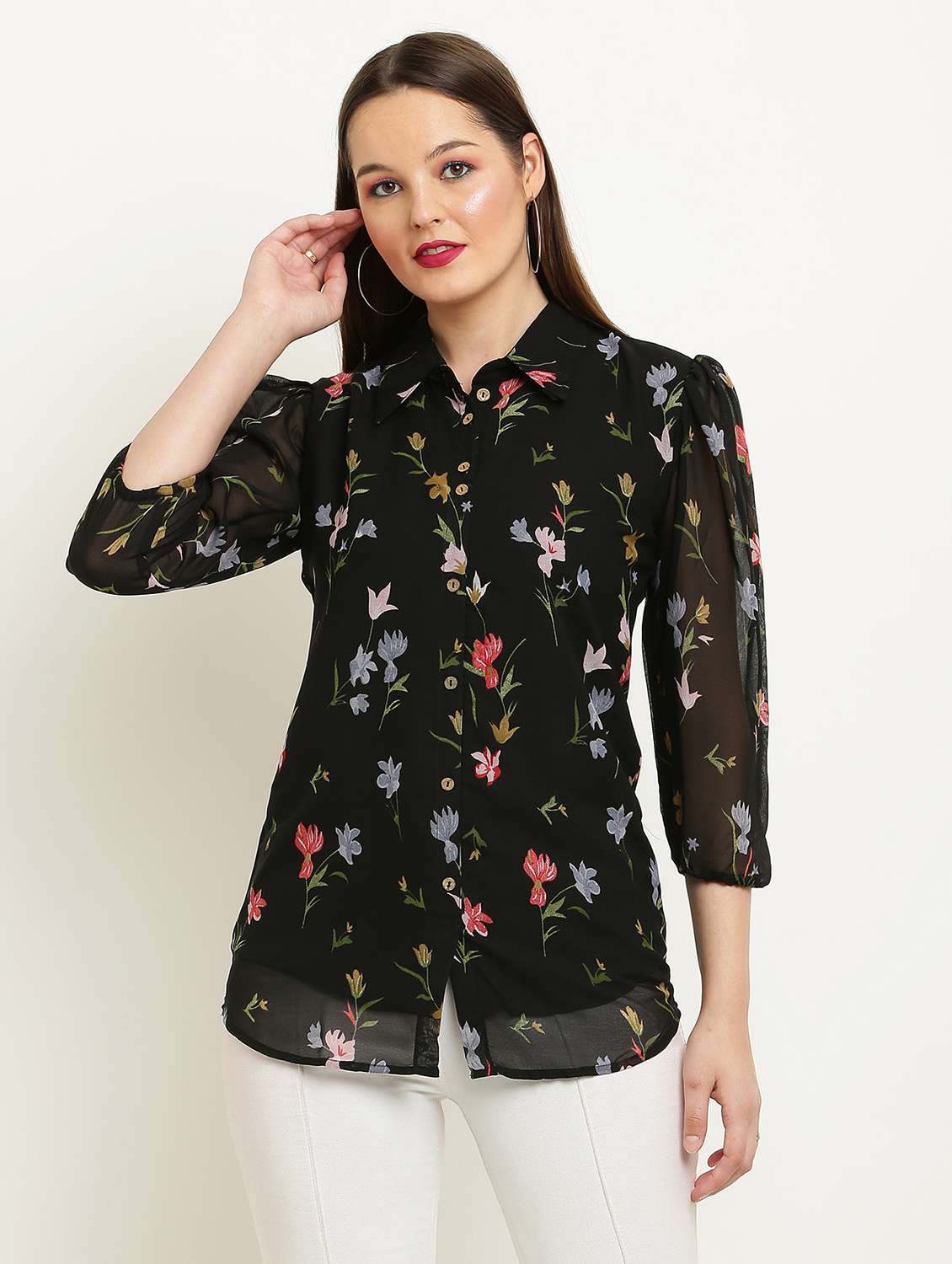 women printed collared puff sleeve shirt