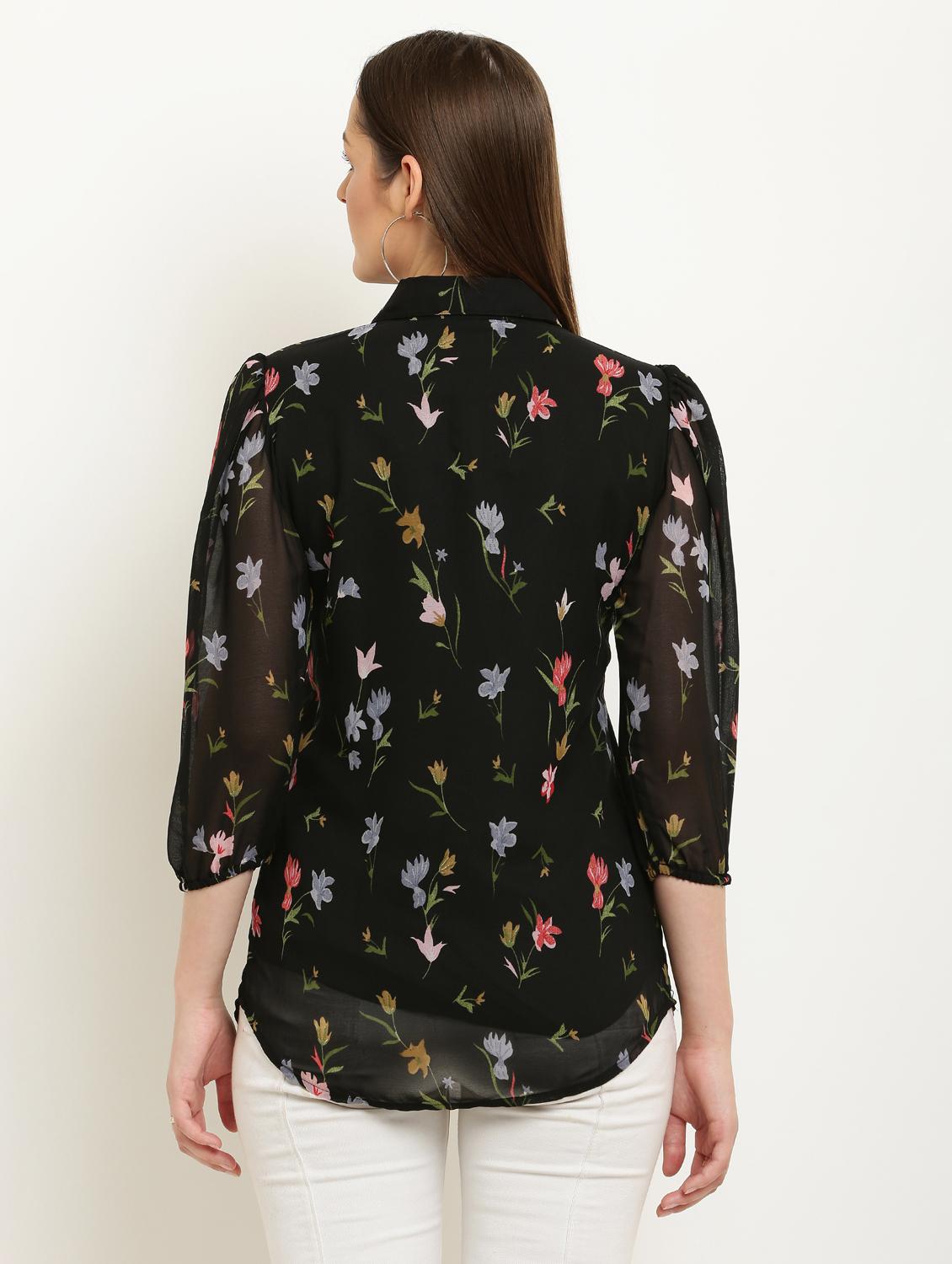 women printed collared puff sleeve shirt - 22061363 - Standard Image - 3