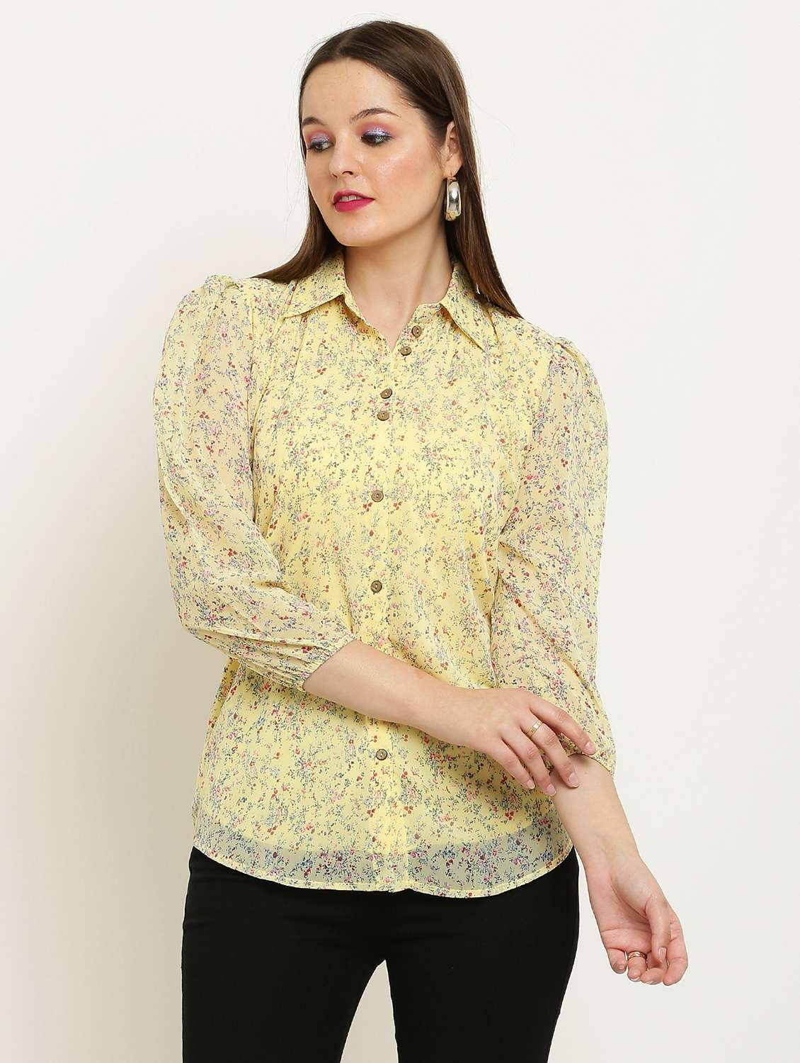 women printed collared puff sleeve shirt - 22061364 - Zoom Image - 0