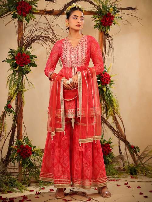 women three quarter sleeve kurta sharara with dupatta set - 22061450 -  Standard Image - 0