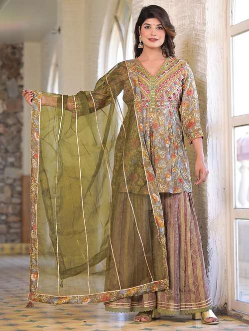 women three quarter sleeve kurta sharara with dupatta set - 22061455 -  Standard Image - 0