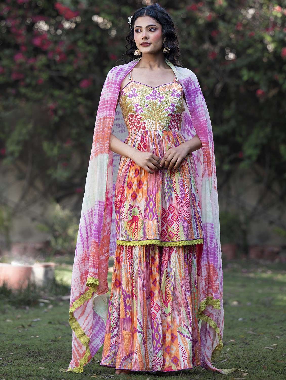 women printed shoulder strap kurta sharara with dupatta set - 22061457 -  Zoom Image - 0