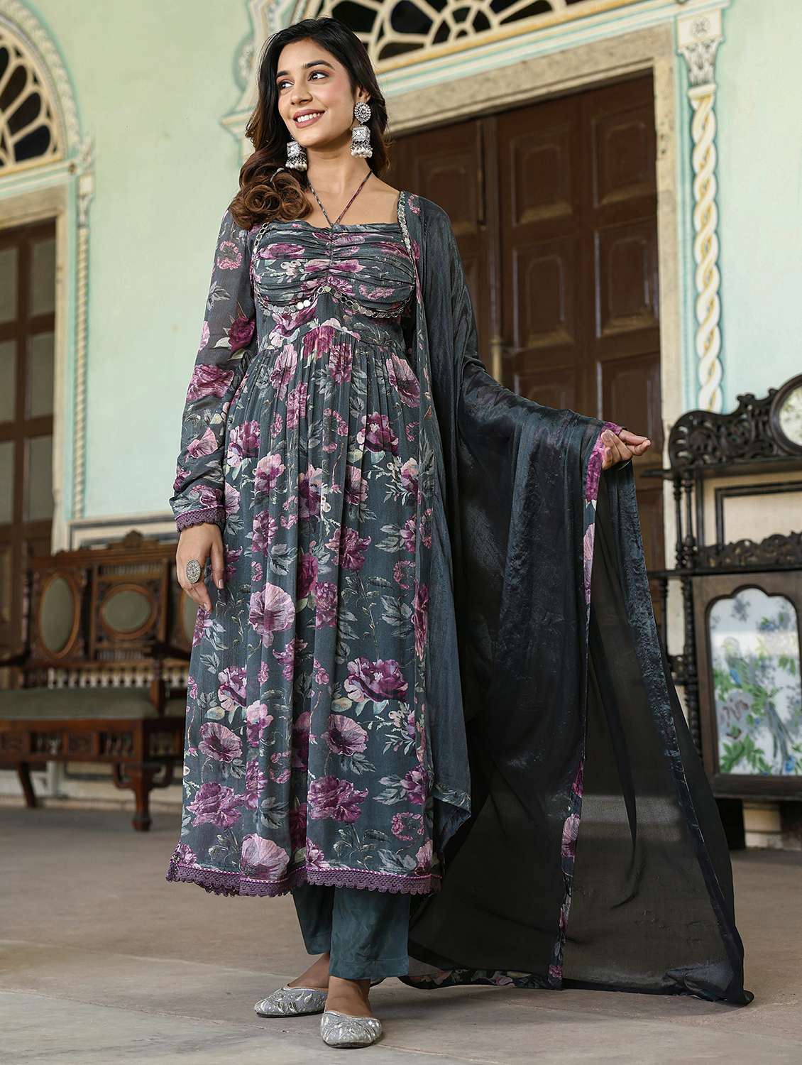 women floral long sleeve kurta pant with dupatta set
