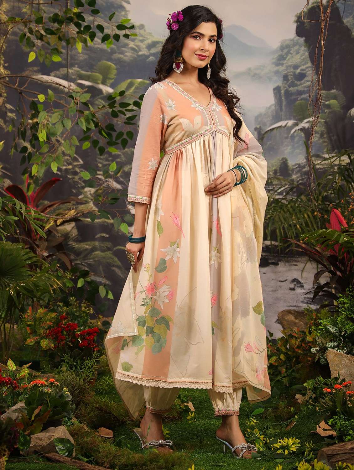 women floral three quarter sleeve kurta salwar with dupatta set - 22061503 -  Zoom Image - 0