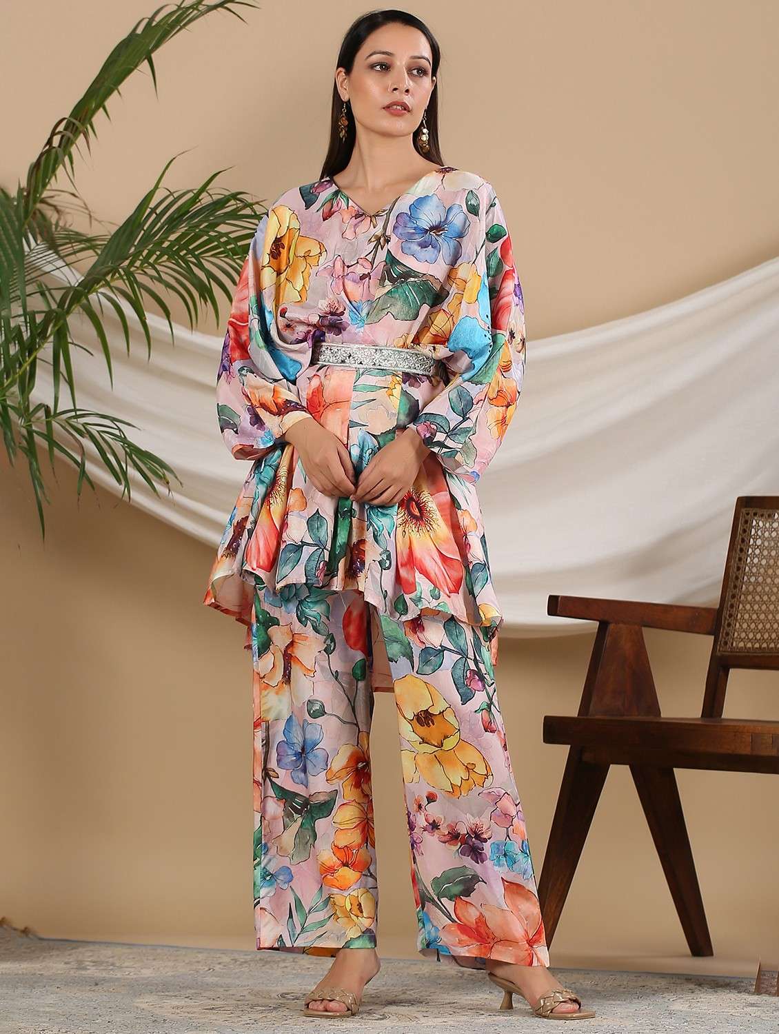 women floral printed kimono sleeve ethnic co-ord set - 22061505 - Zoom Image - 0