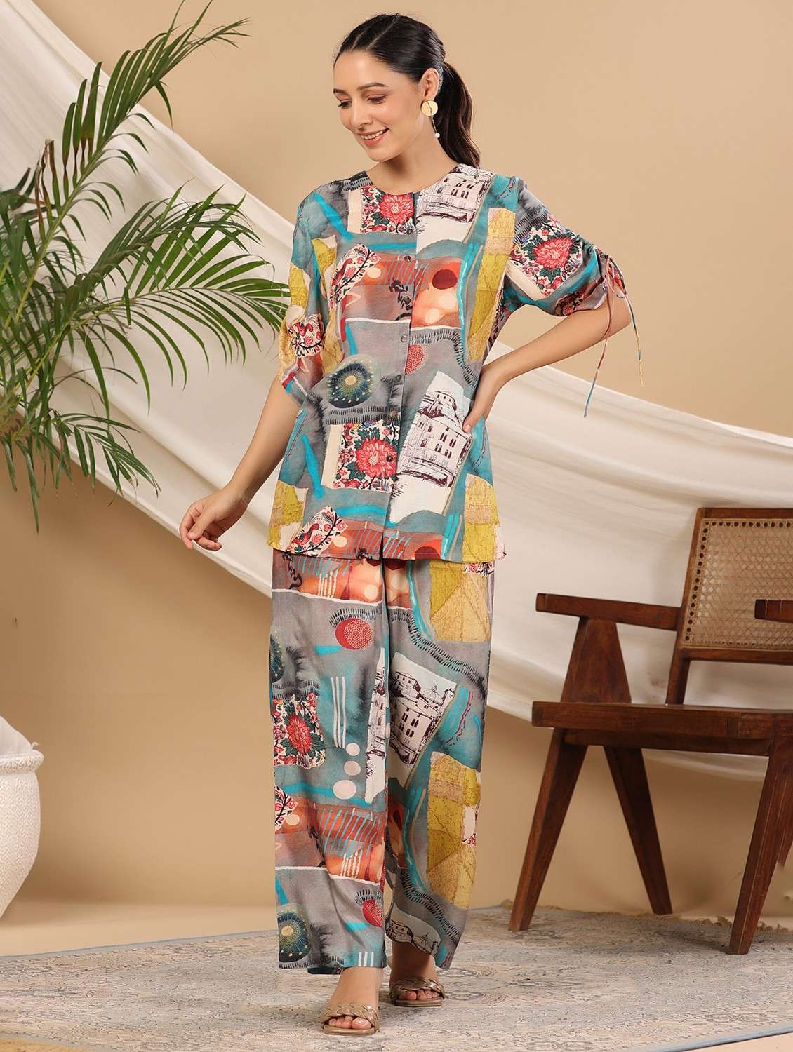 women printed short sleeve ethnic co-ord set