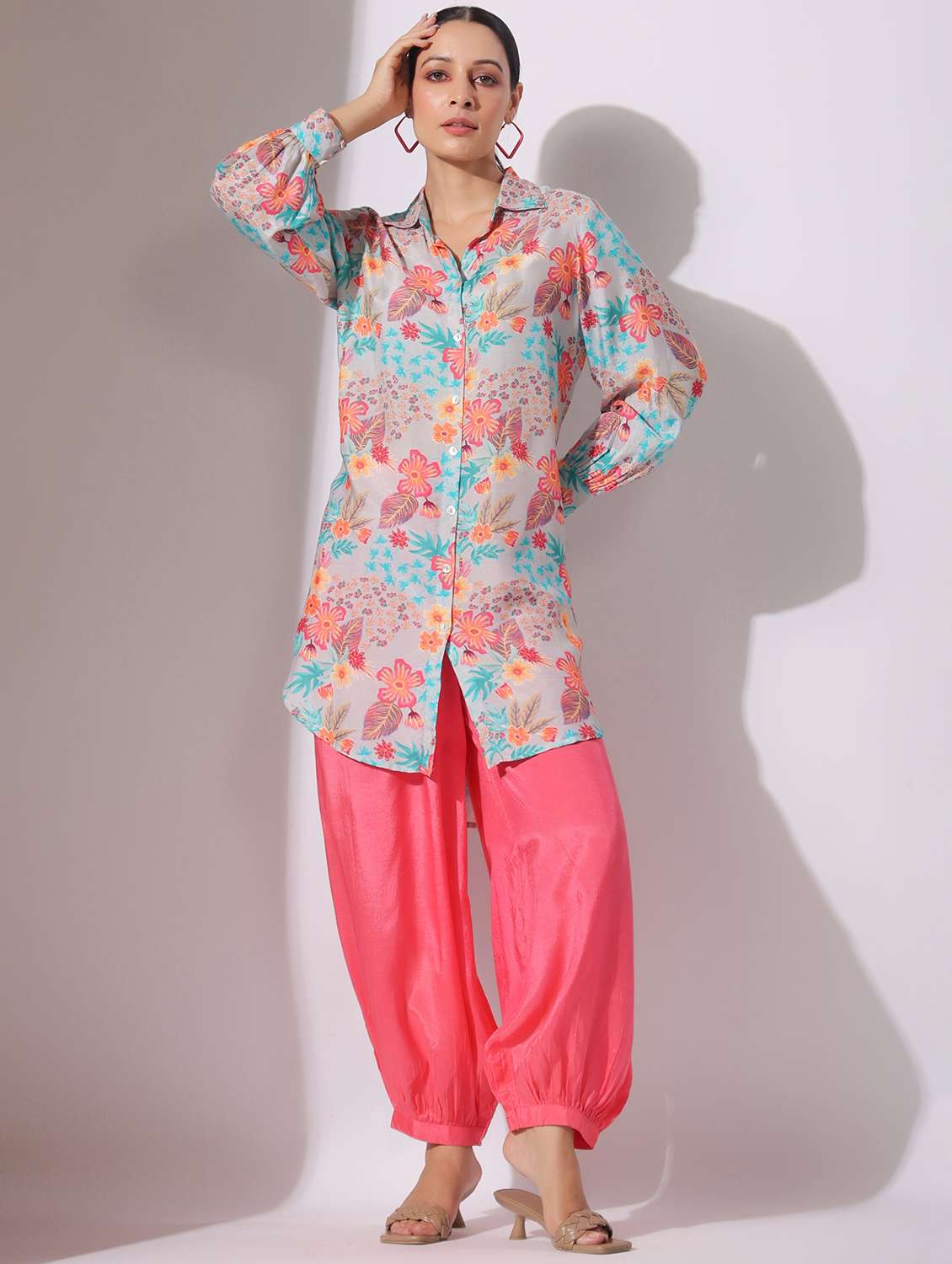 women floral printed three quarter sleeve kurta salwar set