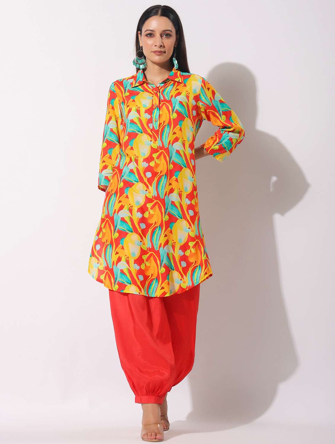 women floral printed three quarter sleeve kurta salwar set