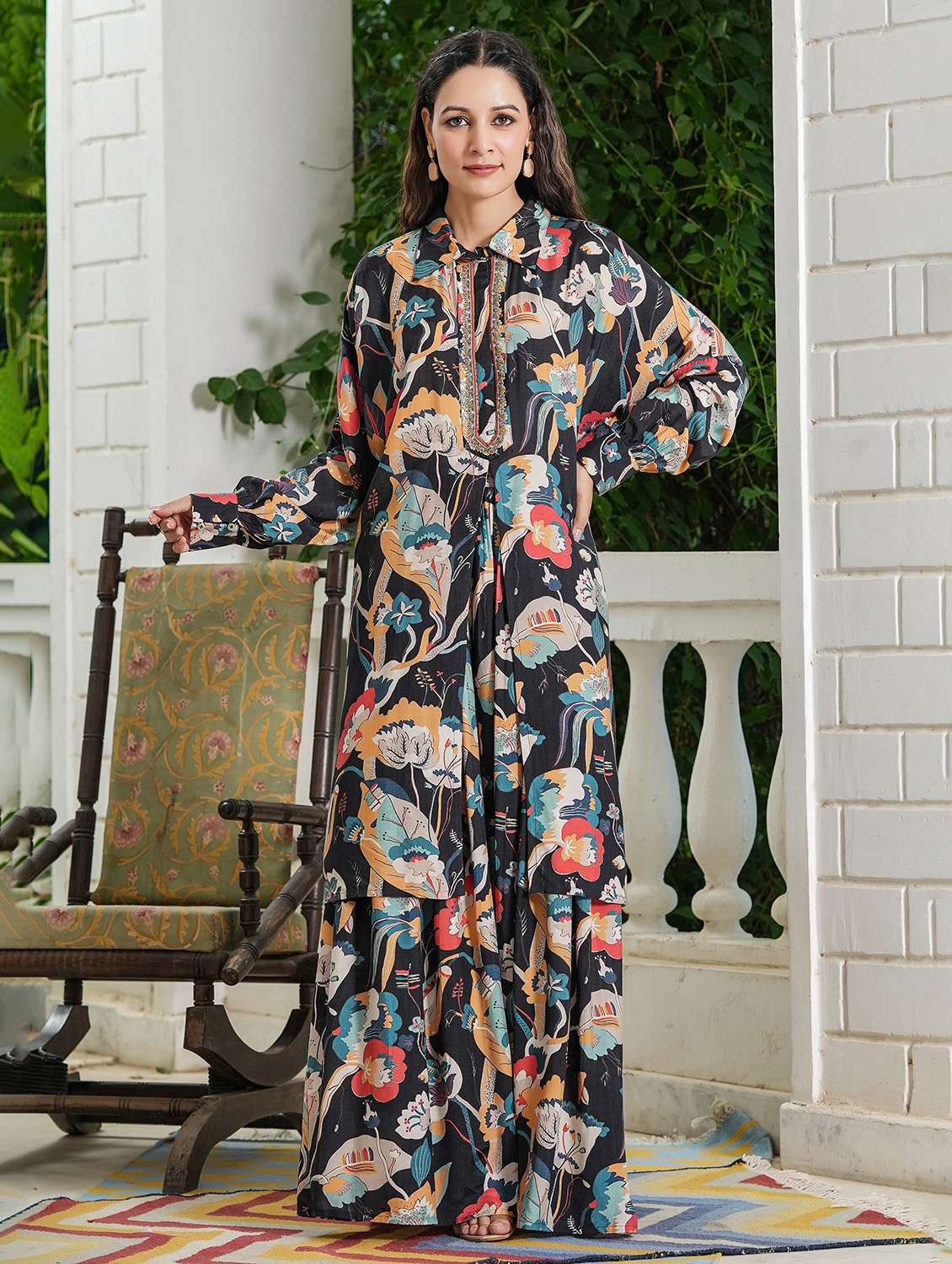 women floral printed long sleeve ethnic co-ord set