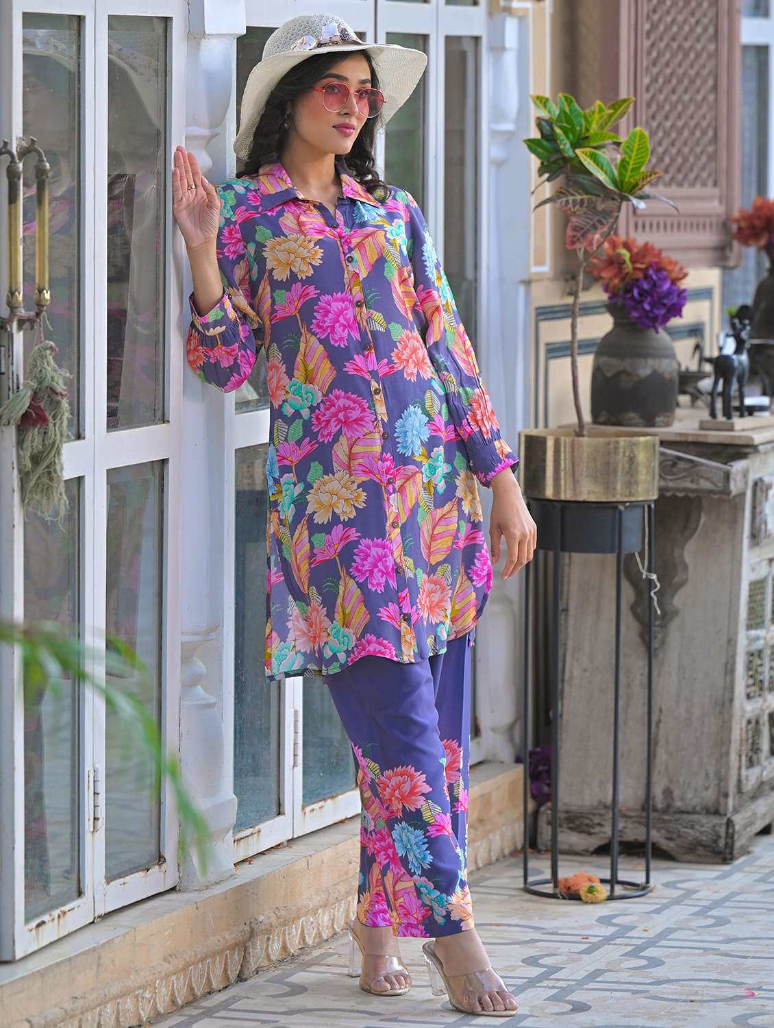 women floral print long sleeve collared co-ord set - 22061521 - Zoom Image - 0