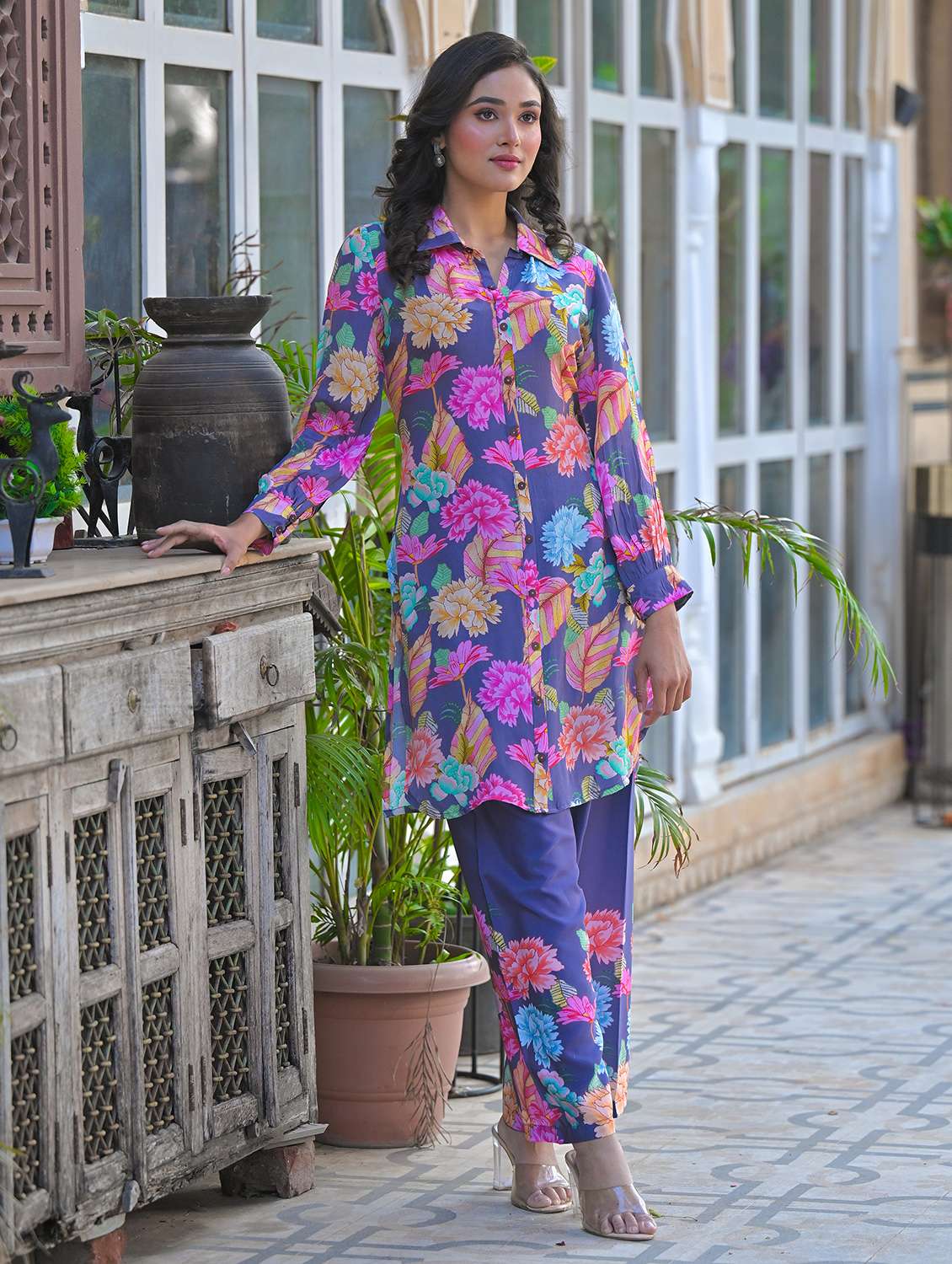 women floral print long sleeve collared co-ord set - 22061521 - Standard Image - 3