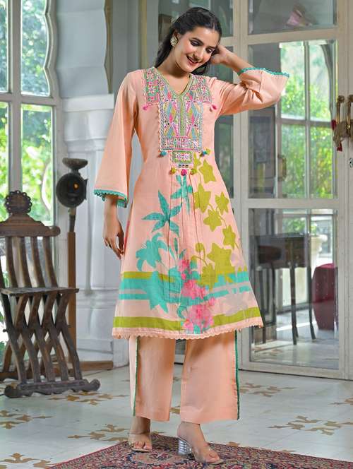 women printed three quarter sleeve kurta pant set - 22061523 -  Standard Image - 0