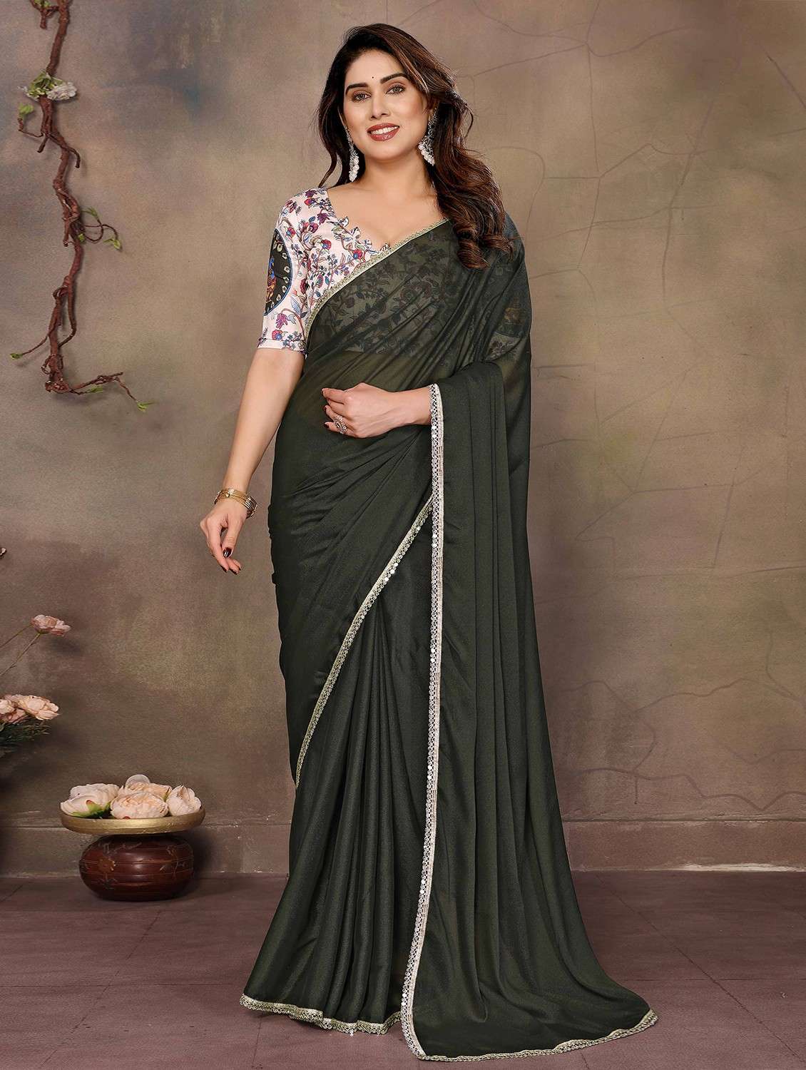 women solid plain embellished bordered saree with blouse