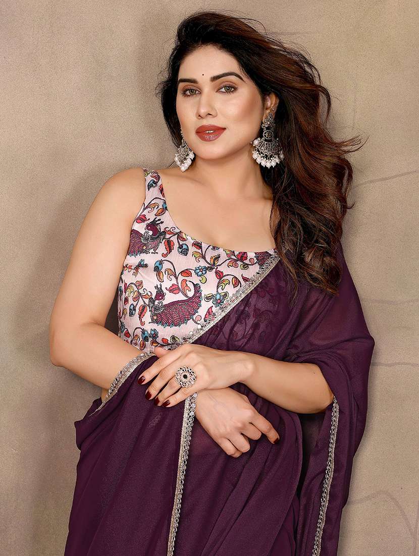 women solid plain embellished bordered saree with blouse - 22061588 -  Standard Image - 3