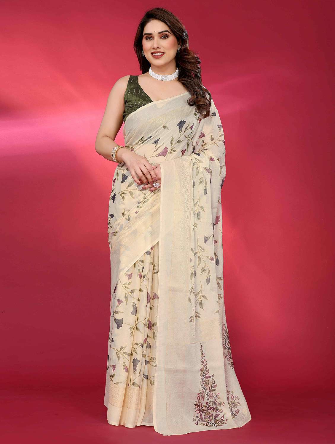 cream chiffon printed saree with blouse - 22061595 -  Zoom Image - 0