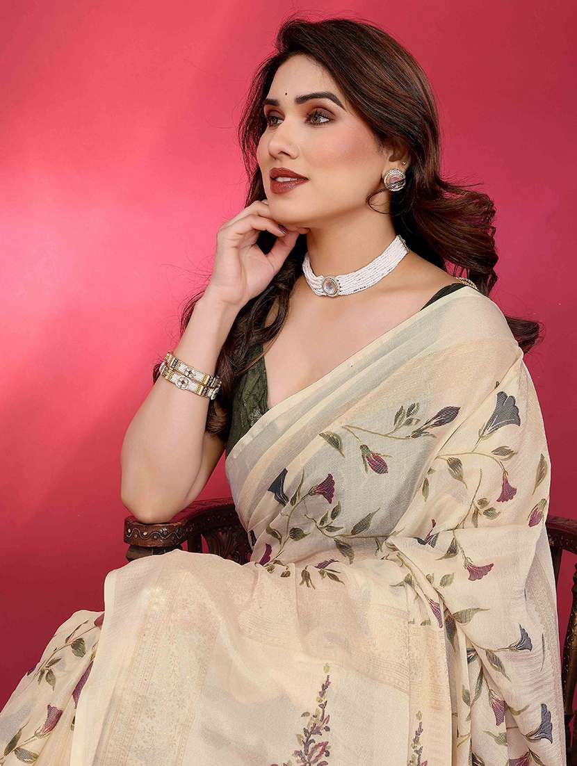 cream chiffon printed saree with blouse - 22061595 -  Standard Image - 5