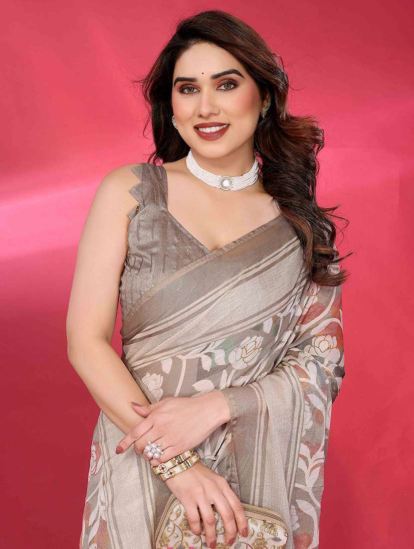 grey chiffon printed saree with blouse - 22061596 -  Standard Image - 3