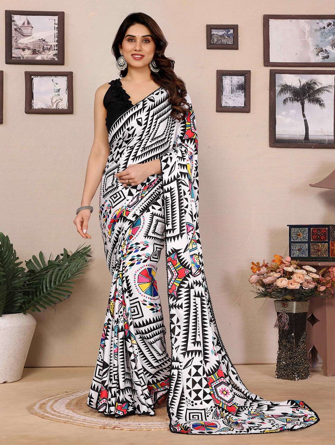 women printed casual wear saree with blouse