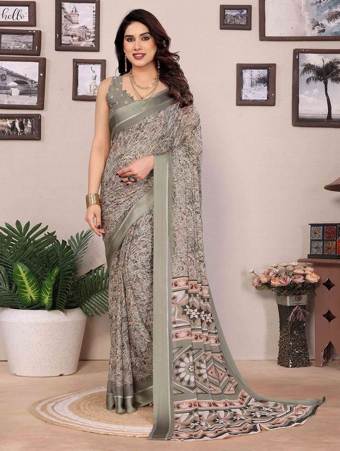 women floral printed saree with blouse