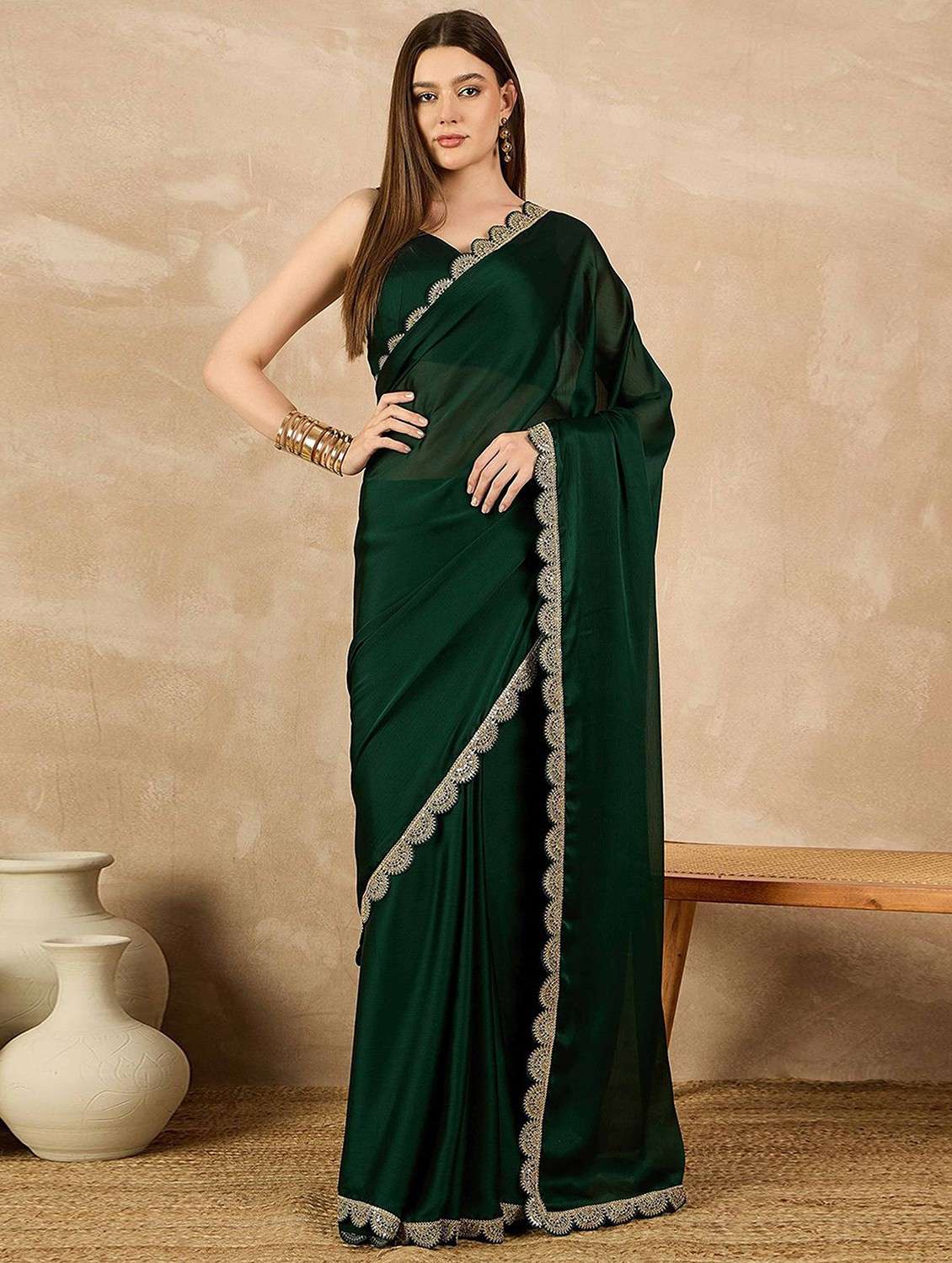 women solid with embellished bordered saree with blouse - 22061618 -  Zoom Image - 0
