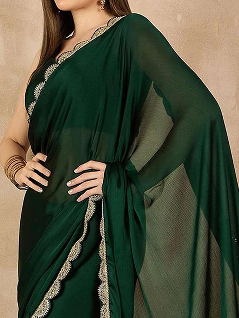 women solid with embellished bordered saree with blouse - 22061618 - Standard Image - 5