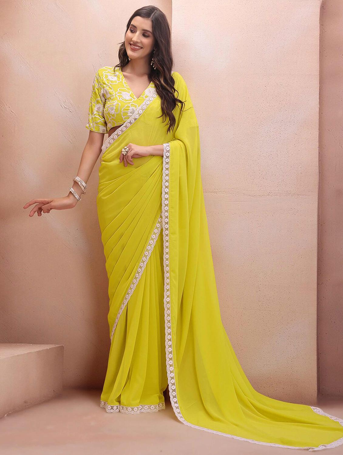 women solid with bordered saree with blouse