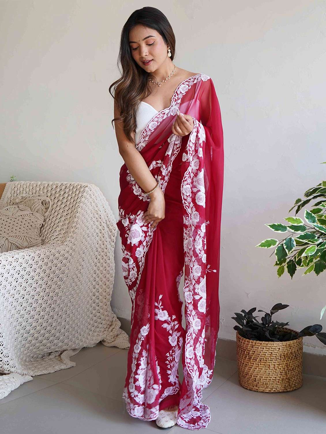 women solid with work embroidered saree with blouse - 22061645 -  Zoom Image - 0