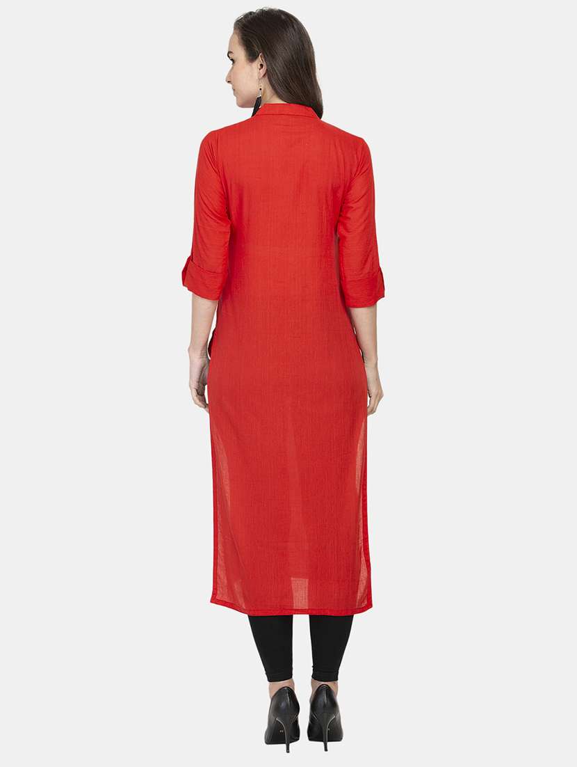 women solid three quarter sleeve straight kurta - 22061654 -  Standard Image - 3
