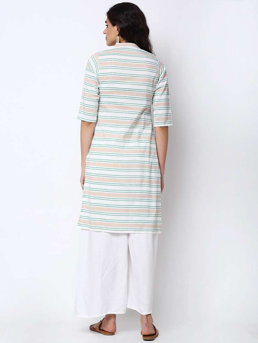 women striped three quarter sleeve straight kurta - 22061656 -  Standard Image - 3