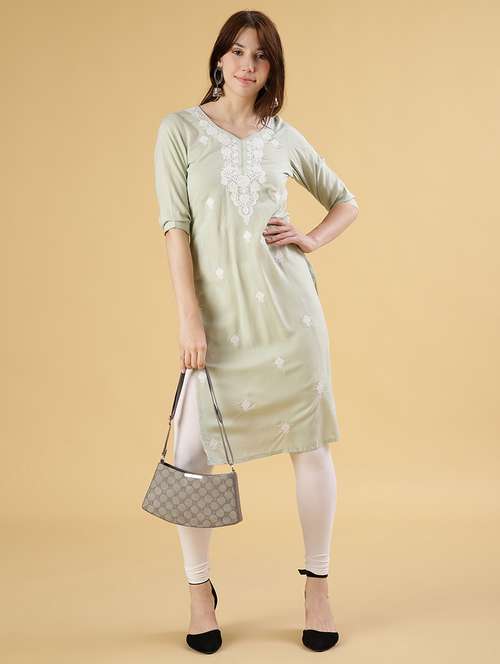 women embroidered three quarter sleeve straight kurta - 22061658 -  Standard Image - 0