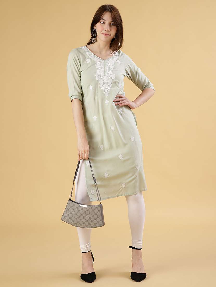 women embroidered three quarter sleeve straight kurta - 22061658 -  Zoom Image - 0
