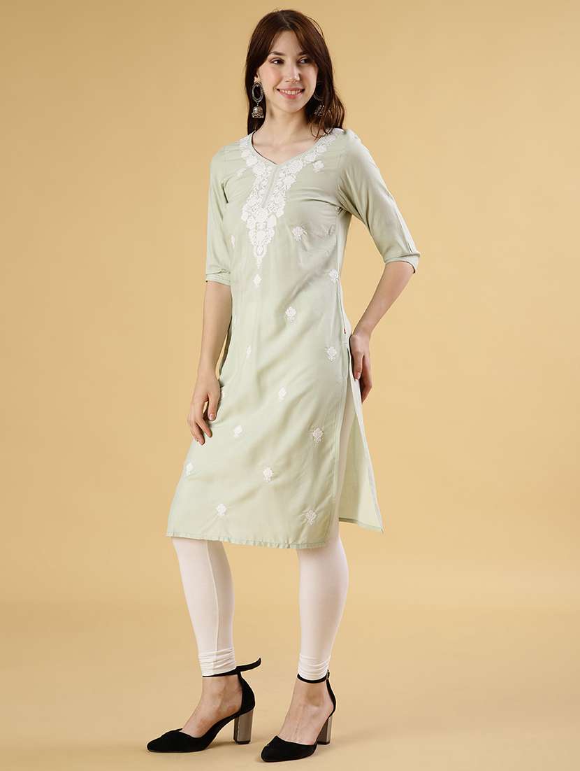 women embroidered three quarter sleeve straight kurta - 22061658 -  Standard Image - 3