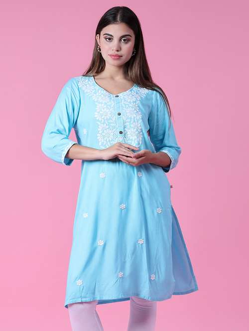 women three quarter sleeve straight chikankari kurta - 22061659 -  Standard Image - 0