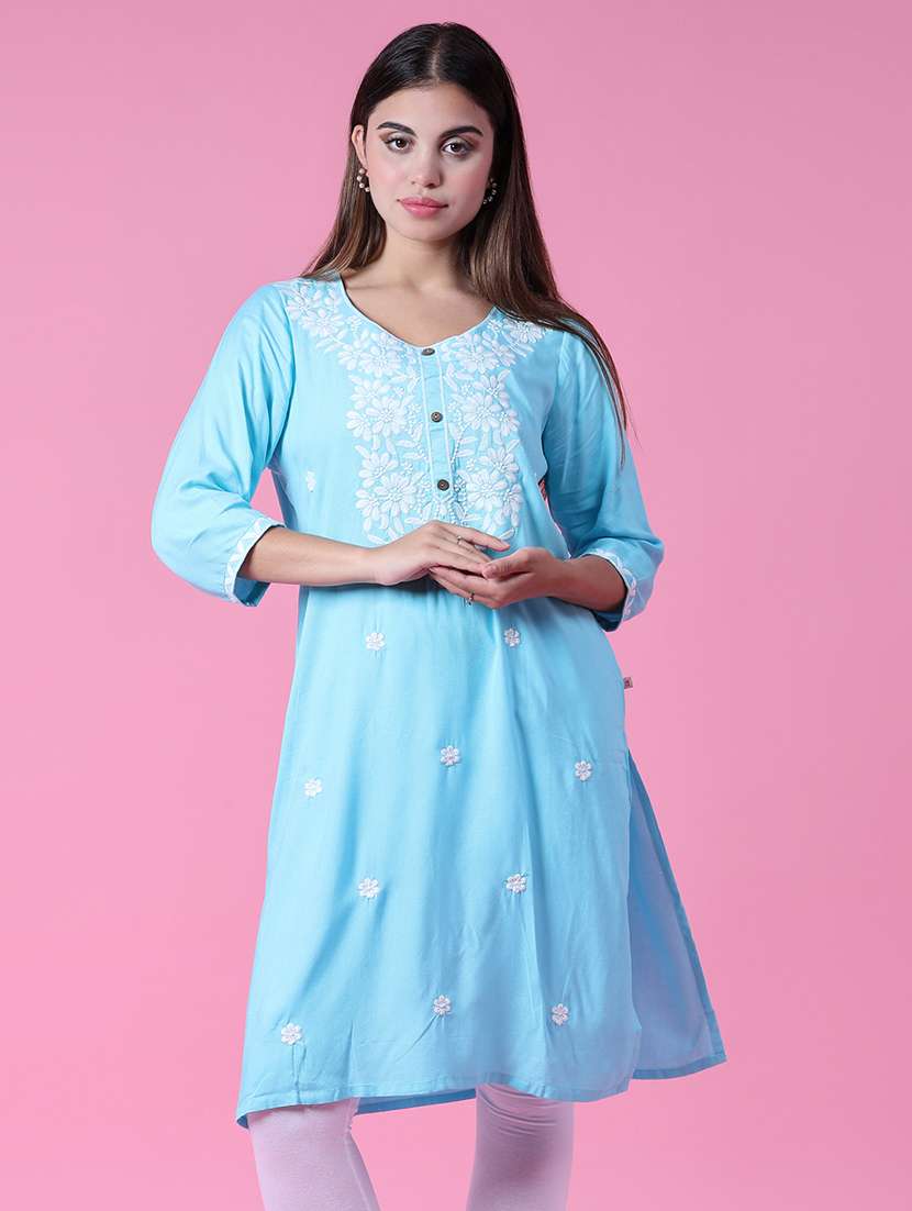 women three quarter sleeve straight chikankari kurta