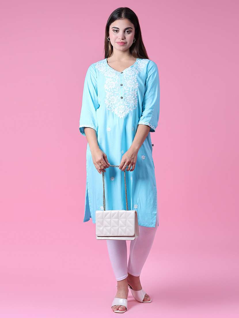 women three quarter sleeve straight chikankari kurta - 22061659 -  Standard Image - 3