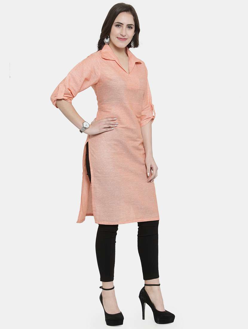 women solid three quarter sleeve straight kurta - 22061667 - Standard Image - 3
