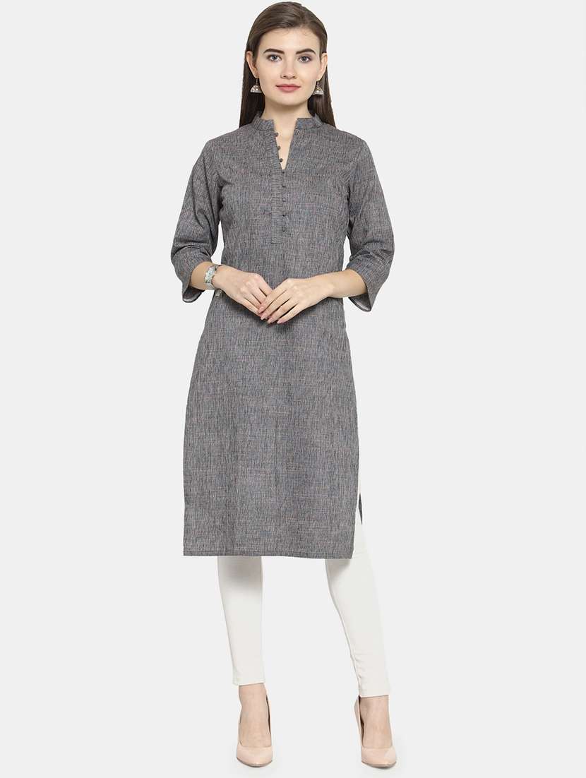 women solid three quarter sleeve straight kurta