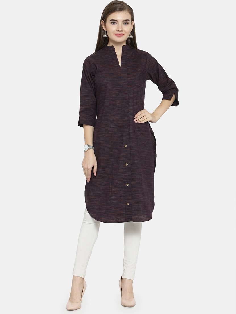 women solid three quarter sleeve straight kurta - 22061670 - Zoom Image - 0