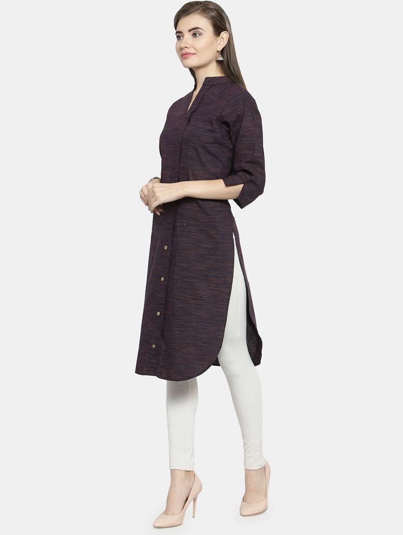 women solid three quarter sleeve straight kurta - 22061670 - Standard Image - 3